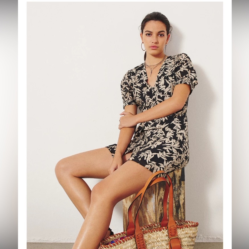 ba&sh Elegant Black and Cream Floral Mini Dress